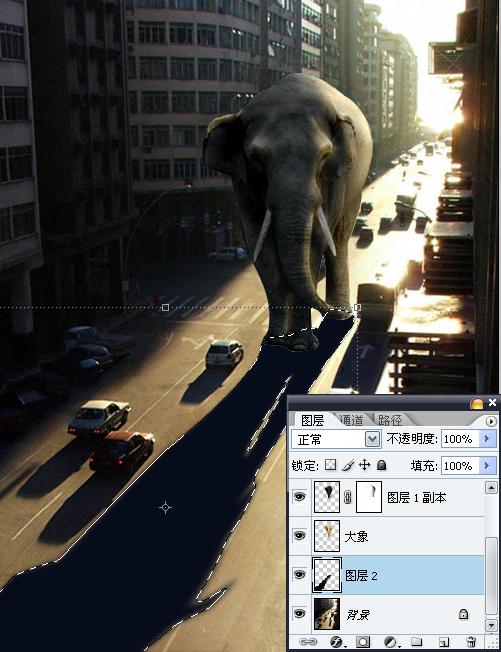 Photoshop合成迷失在闹市的大象