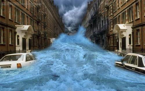 PS经典合成城市里暴涨的洪水